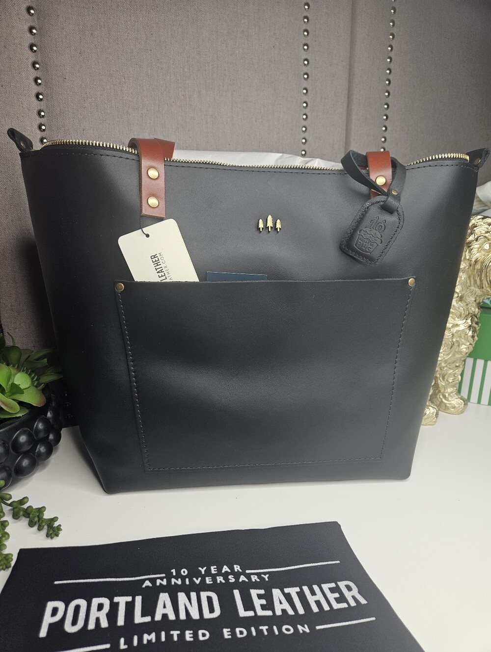 Portland Leather Goods 10th Anniversay Edition Black Leather Zipper Tote Large